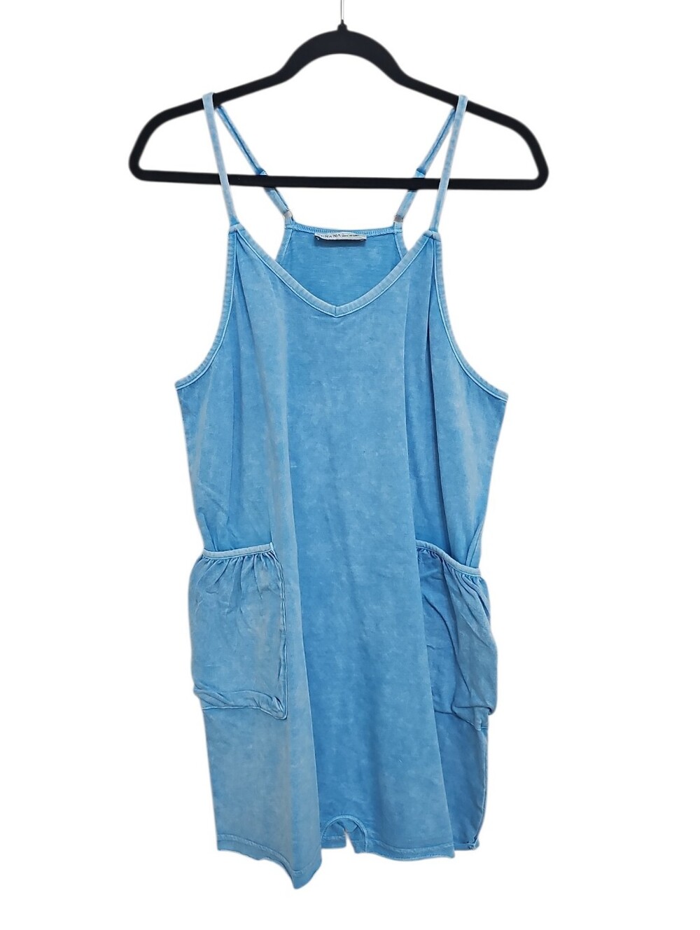 Zenana Blue Washed Tank Romper Dress Size S Cotton Pockets New